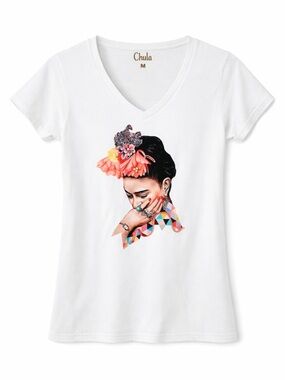 Frida Kahlo Graphic Tee | Chula Size M | Artistic Floral Print White T-Shirt